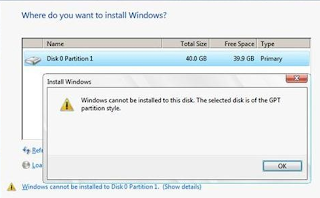 Cara Mengatasi Windows Cannot Be Installed to The Disk, The Selected Disk Is Of The GPT Partition Style