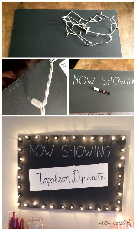 How to make a DIY movie marquee from christmas lights, chalk marker, foam core