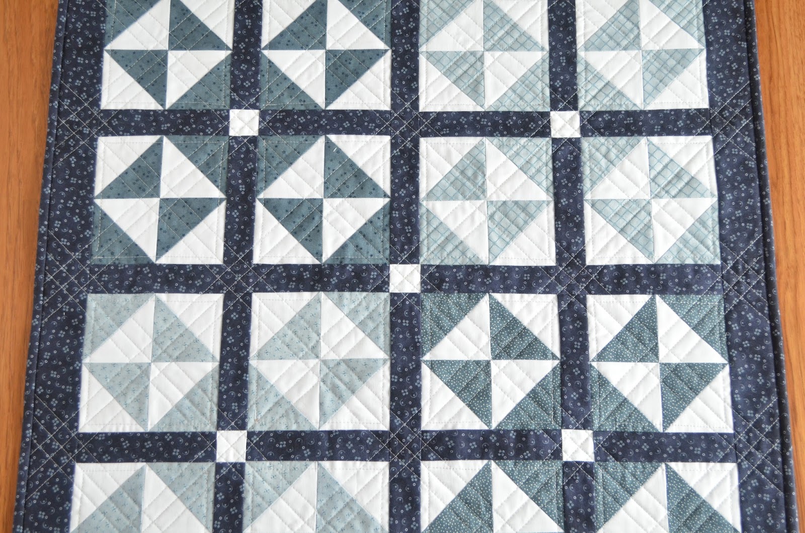 Fresh Dew Drops Winter Blues wallhanging First of twelve mini quilts