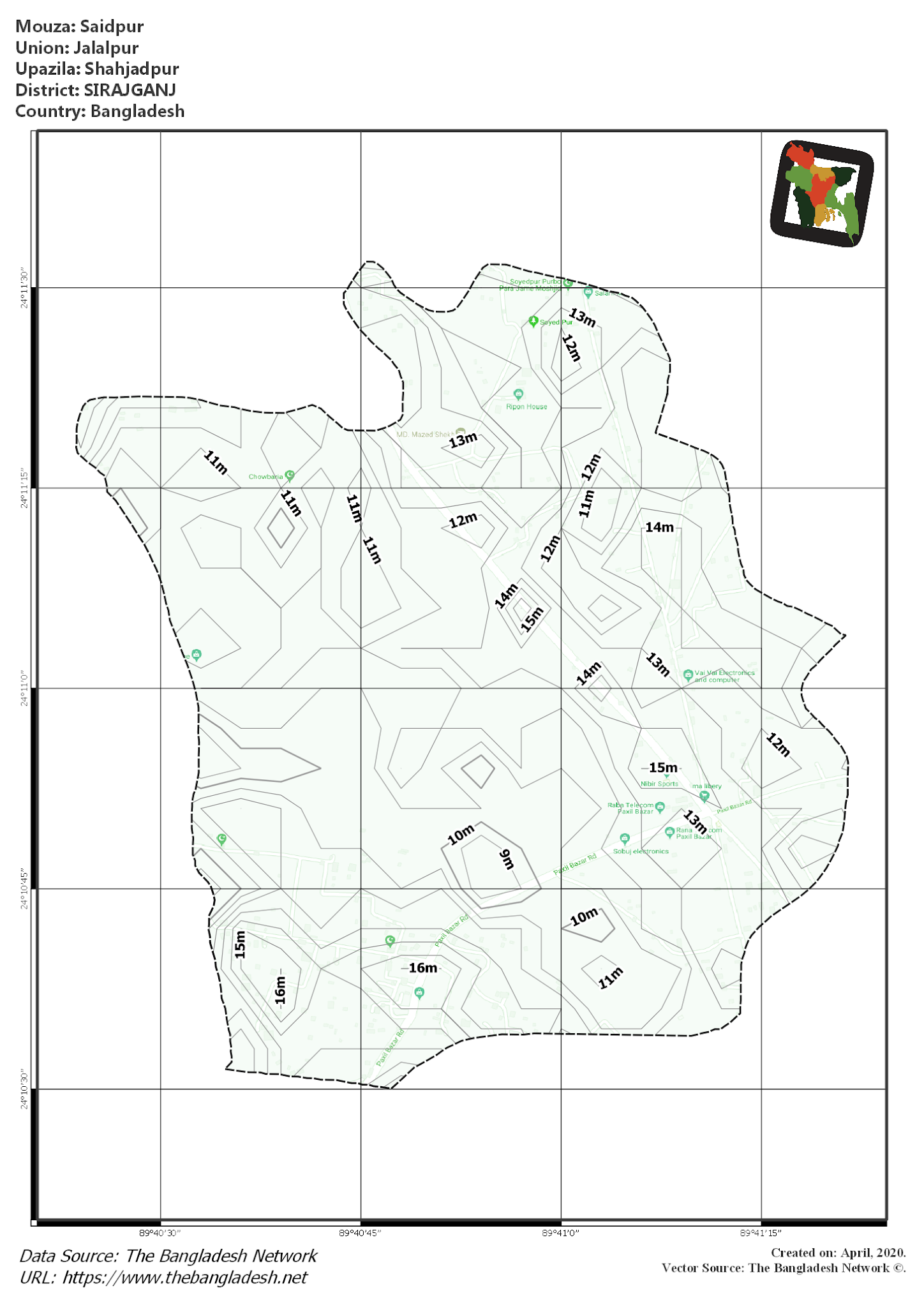 Map of Saidpur Mouza of Shahjadpur Upazila, SIRAJGANJ, Bangladesh.