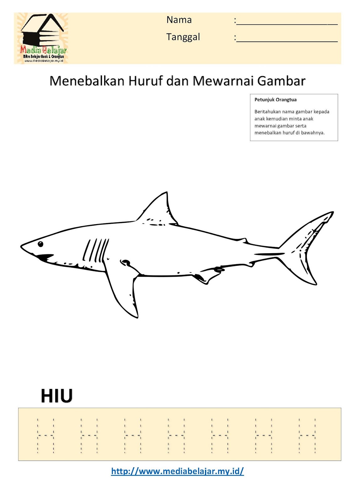 Menebalkan Huruf H Dan Mewarnai Gambar Hiu