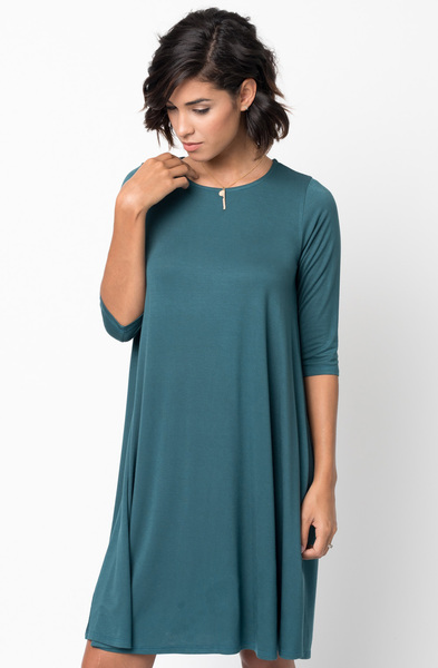 Shop for Hunter green Shirred Back Midi 3/4 sleeve jersey dress crew neck online on caralase.com