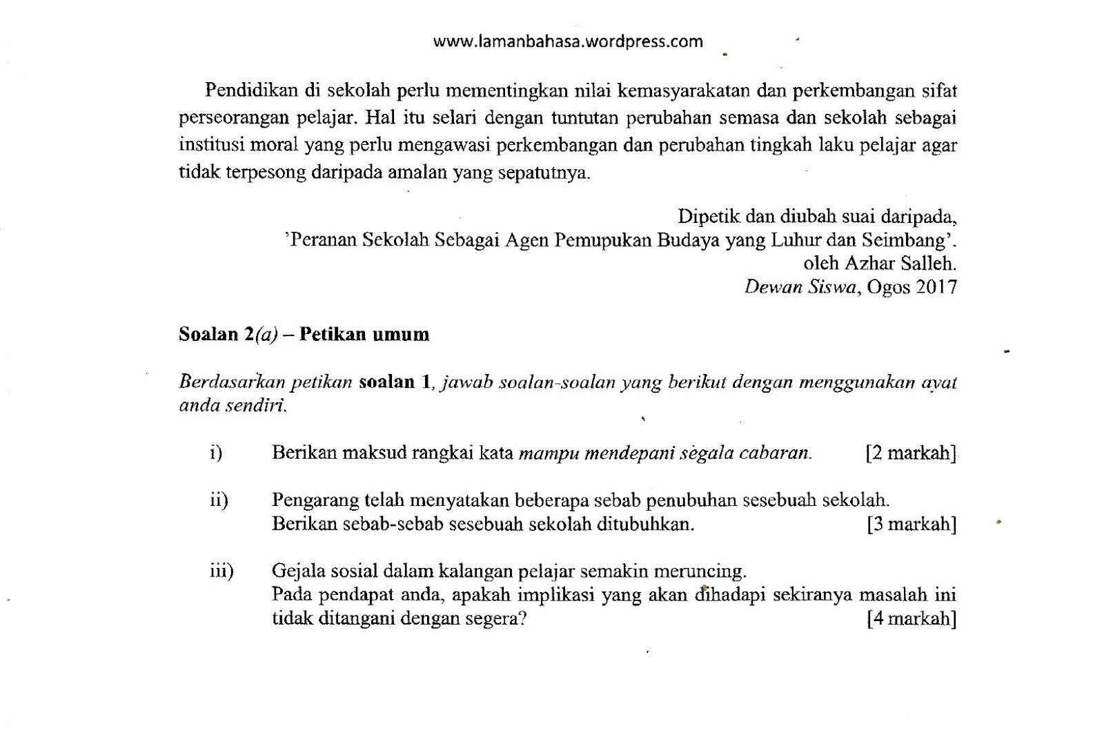 Laman Bahasa Melayu SPM: SOALAN DAN CADANGAN JAWAPAN 