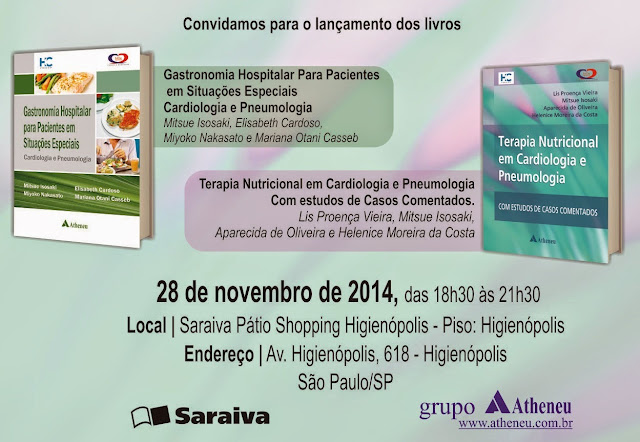 Convite para o evento de lançamento dos livros do Serviço de Nutrição e Dietética do InCor, a ser realizado na livraria Saraiva do Pátio Shopping Higienópolis, em São Paulo.