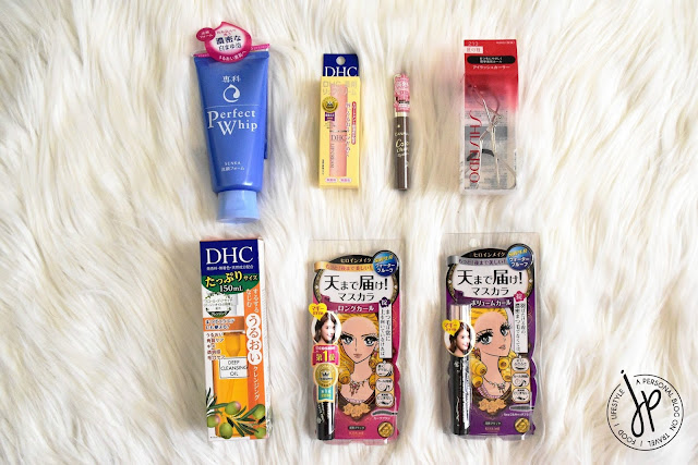 Senka Perfect Whip Cleansing Foam, DHC Lip Balm, Canmake Color Changing Eyebrow Mascara in 03, Shiseido Eyelash Curler, DHC Deep Cleansing Oil (150 ml), Heroine Make Volume and Curl Mascara, Heroine Make Long and Curl Mascara