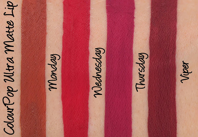 ColourPop Ultra Matte Lips - Monday, Wednesday, Thursday and Viper Swatches & Review