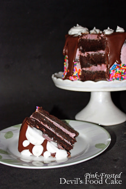 pink-frosted devil's food cake