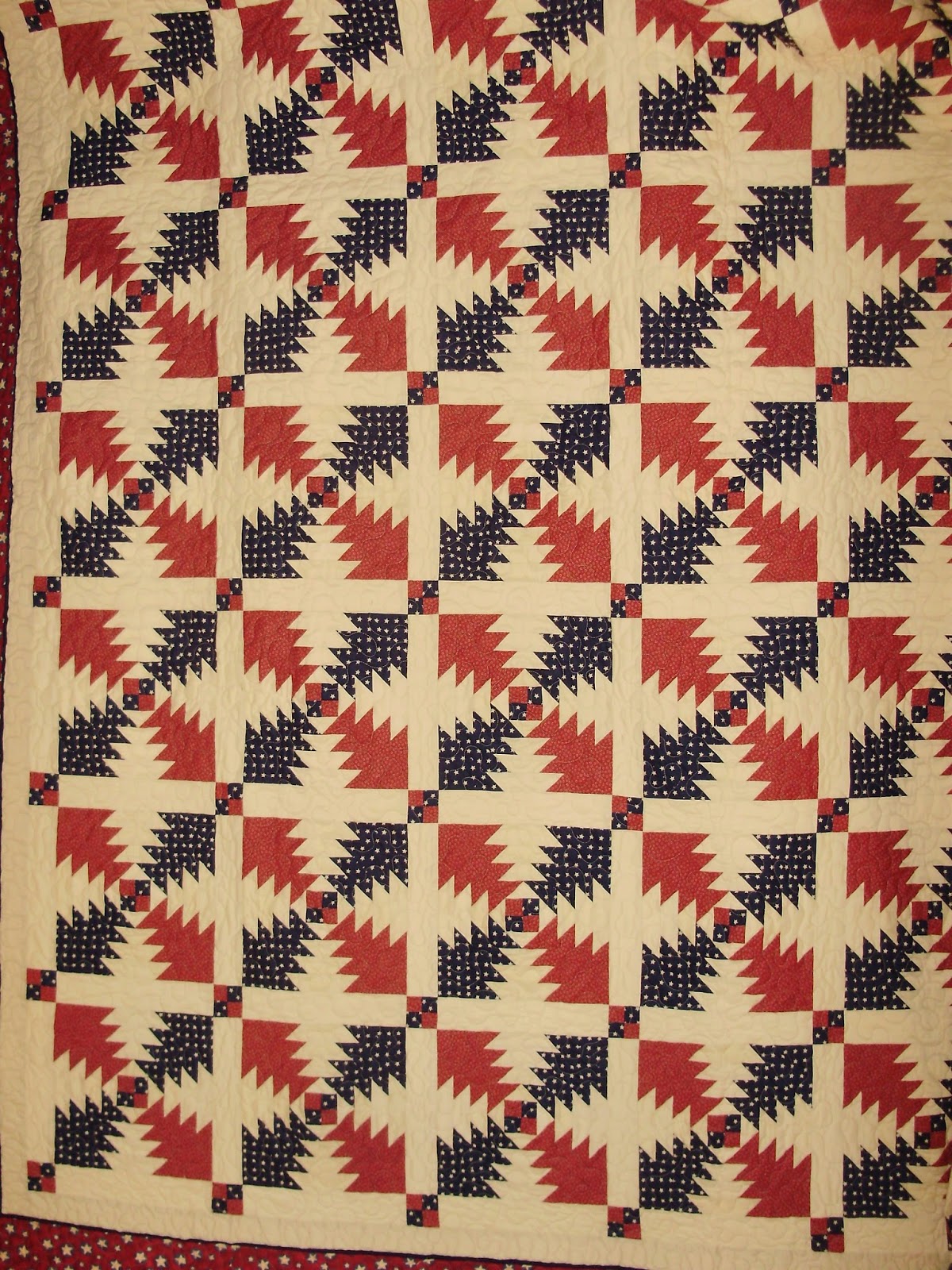 Patriotic Quilt, Red, White and Blue Quilt, Sashings and Cornerstones, Pieced Cornerstones, Pineapple Quilt