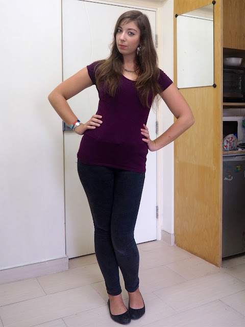 Nightfall - outfit of fitted deep purple t-shirt, dark grey skinny jeans and black ballet flats