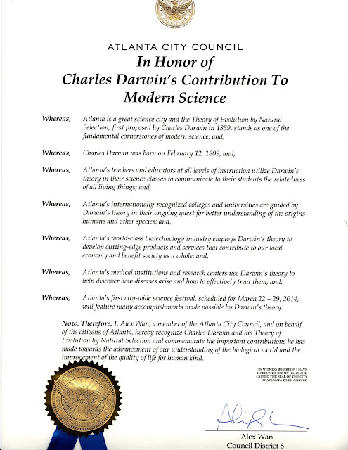 City of Atlanta Proclamation in Honor of Charles Darwin