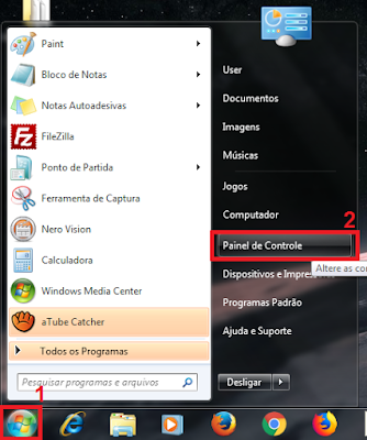 1 - Clique em no botão iniciar do Windows.  2 - Pesquise por Painel de Controle se seu Windows é o 8 para cima, ou clique no texto Painel de Controle que é exibido no menu iniciar caso seja Windows 7 para baixo.