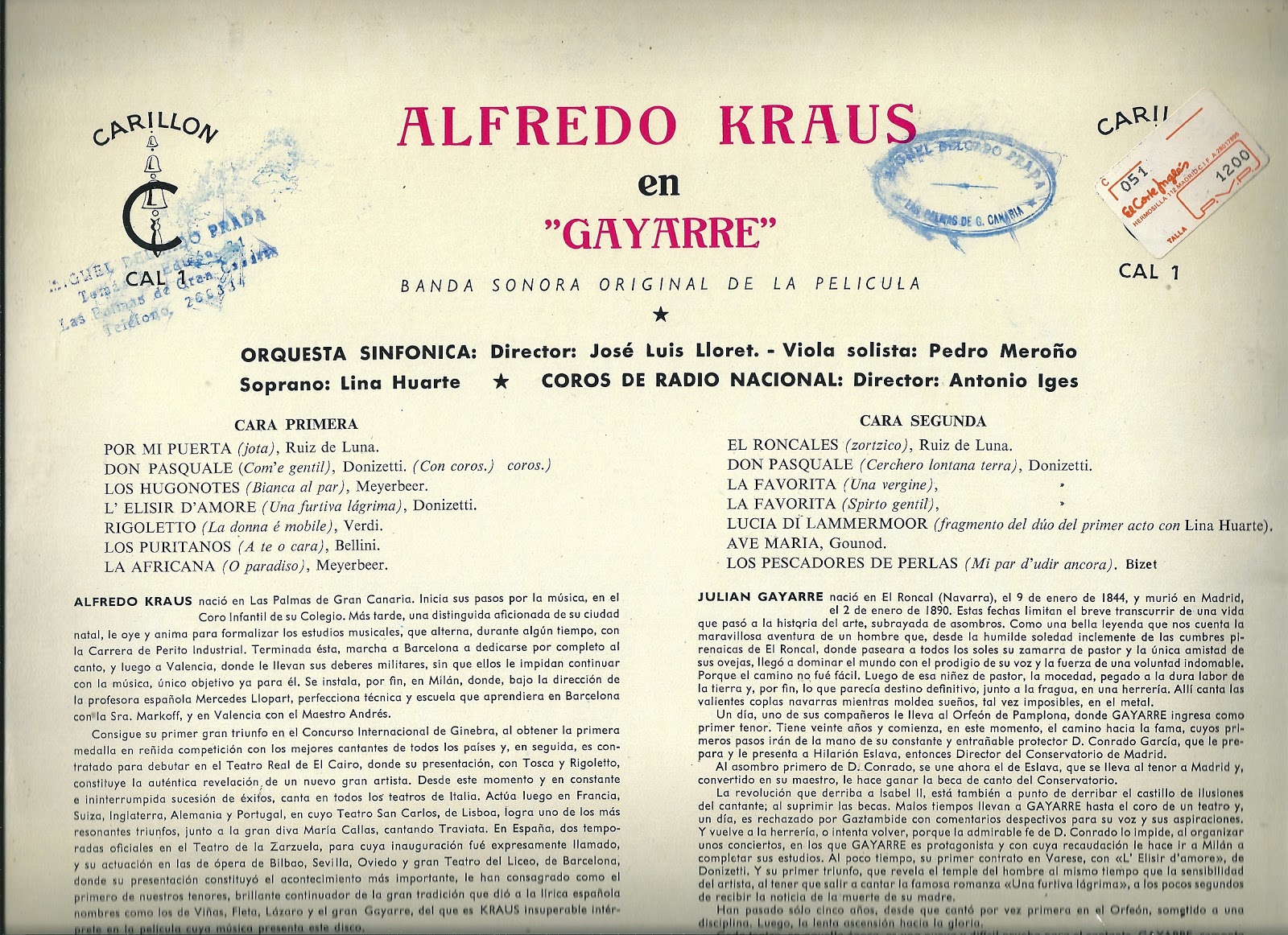 A TODA ZARZUELA GAYARRE ALFREDO KRAUS (Dir. J. L. Lloret)