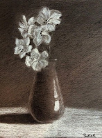 Charcoal drawing of vase with flowers created by a participant during an art workshop