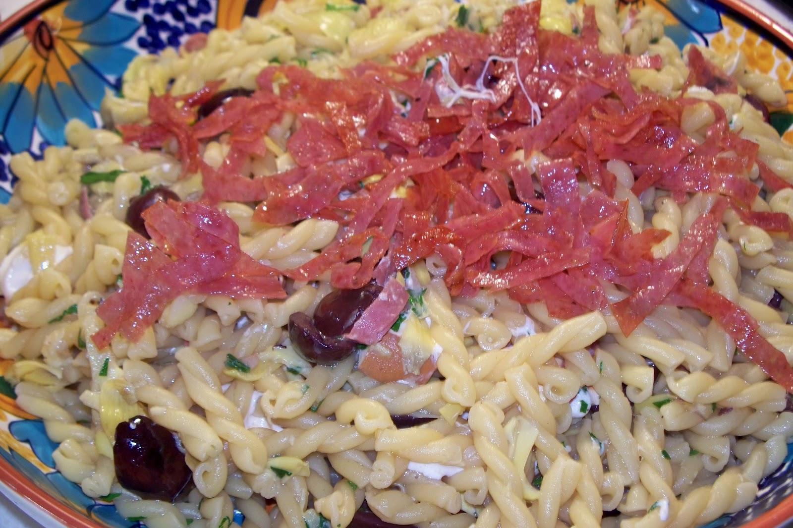 THE FOOD OF LOVE PASTA WITH OLIVES, SALAMI, ARTICHOKES, AND MOZZARELLA