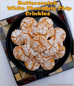 Butterscotch White Chocolate Chip Crinkles, boxed ingredients come together in minutes to make these butterscotch cookies studded with sweet white chocolate chips. | Recipe developed by www.BakingInATornado.com | #recipe #cookies