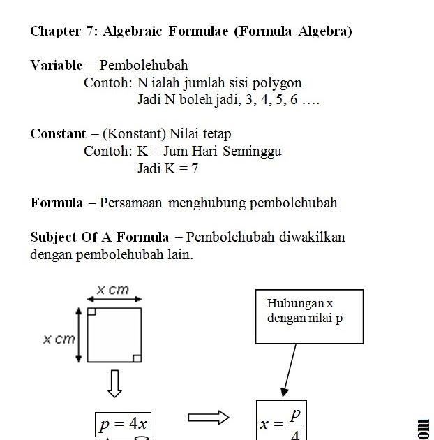Nota Matematik Tingkatan 3  Bab 7 : Algebraic Formulae 