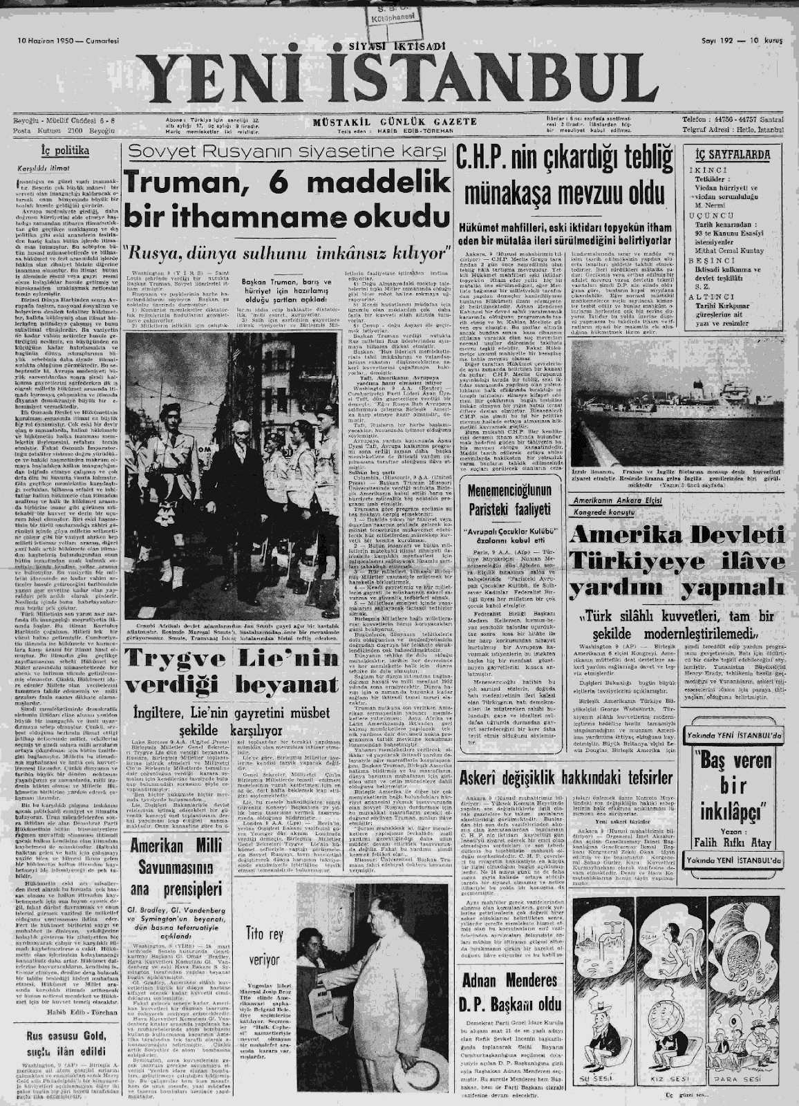 10 Haziran 1950 Yeni Istanbul Tam Metin