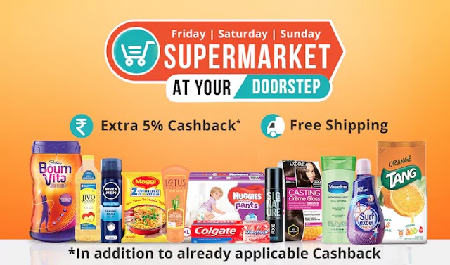 Paytm weekend super bazar free shipping and 5% cashback
