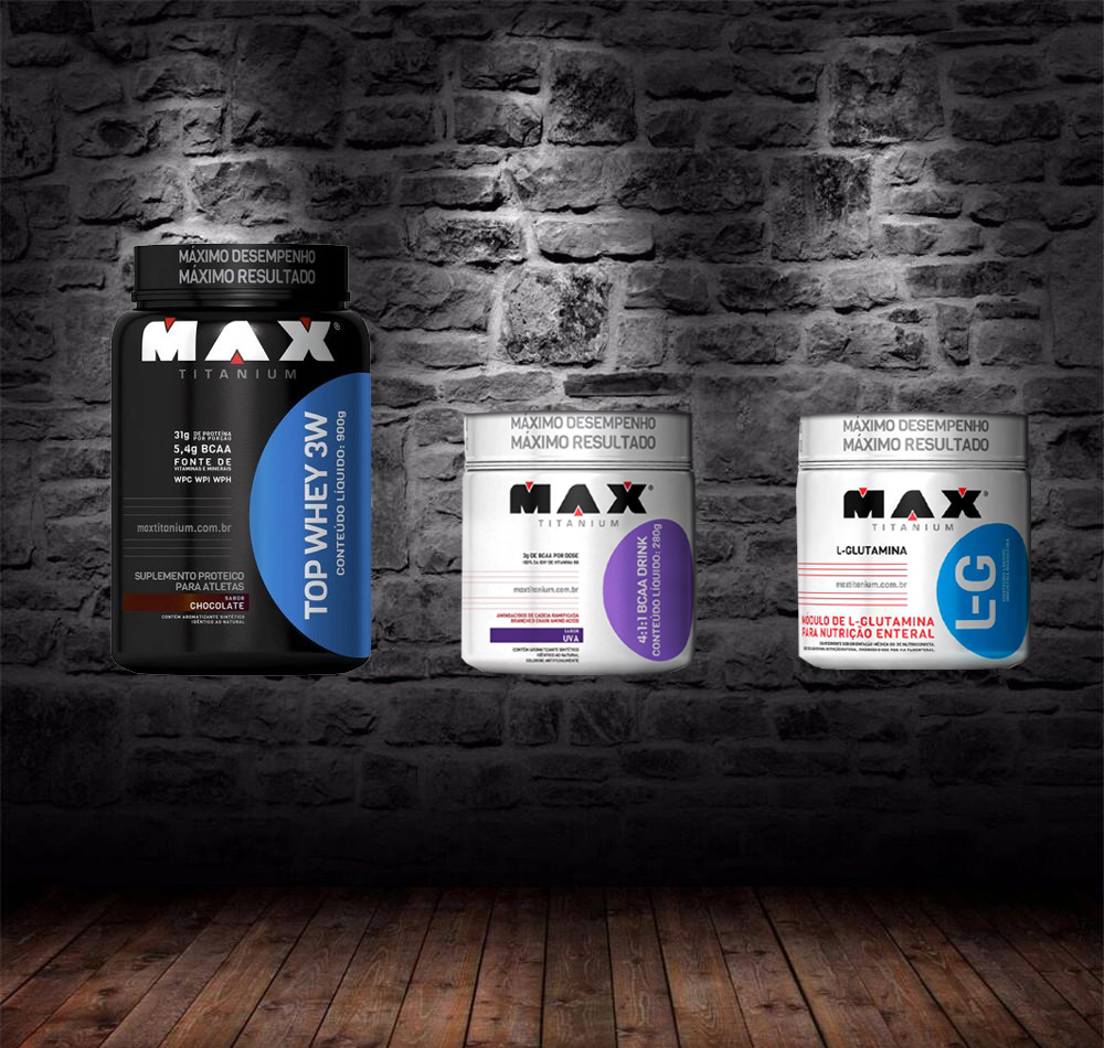Super Kit Combo Top Whey 3W + Bcaa 411 Drink + LG Glutamina Max Titanium Treino Interativo