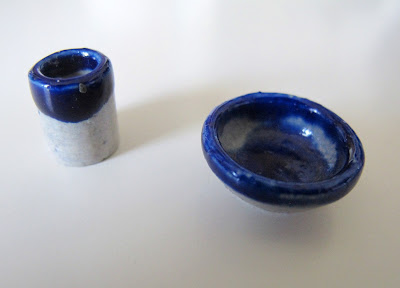 Two pieces of dolls' house miniature pottery with blue glaze.