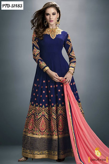Fashionable cobalt blue santoon anarkali salwar suit with price online