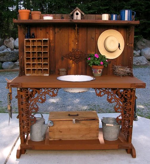 Dishfunctional Designs Salvaged Wood Pallet Potting Benches Sink Turned Potting Bench By Our Fairfield Home Garden