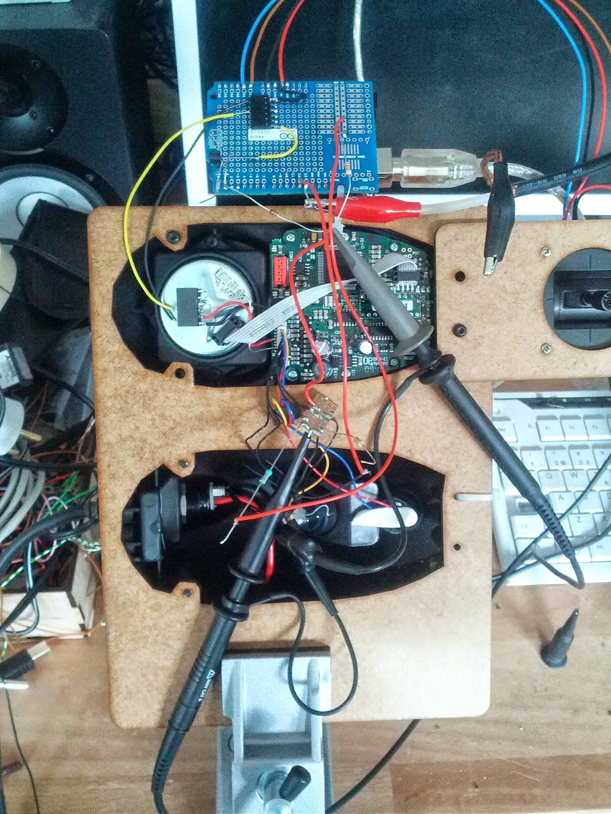 By opening up the joystick and probing connections inside we found that the joystick movement are communicated as serial data @19200BAUD, 8 databits and ...