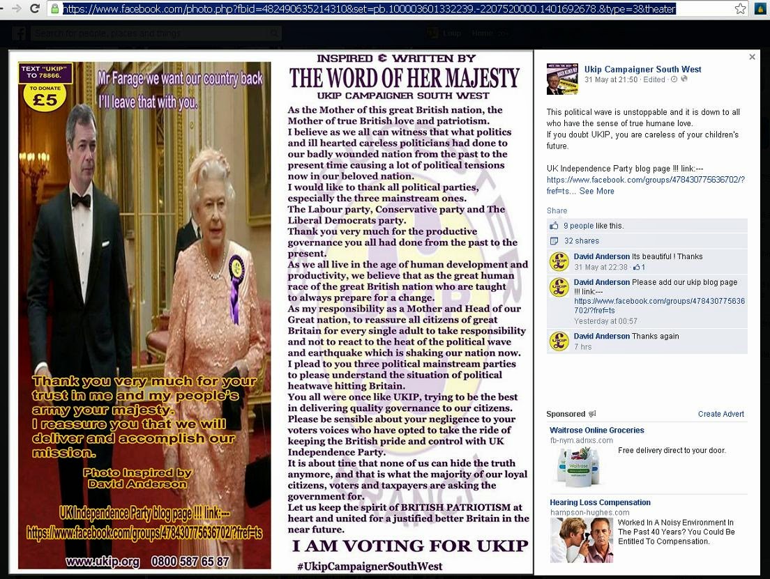 Screencap of Nigel Farage and The Queen of England in Photoshopped UKIP meme