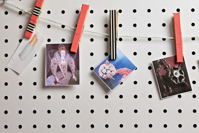 peg board office mood board with washi tape clothespins 
