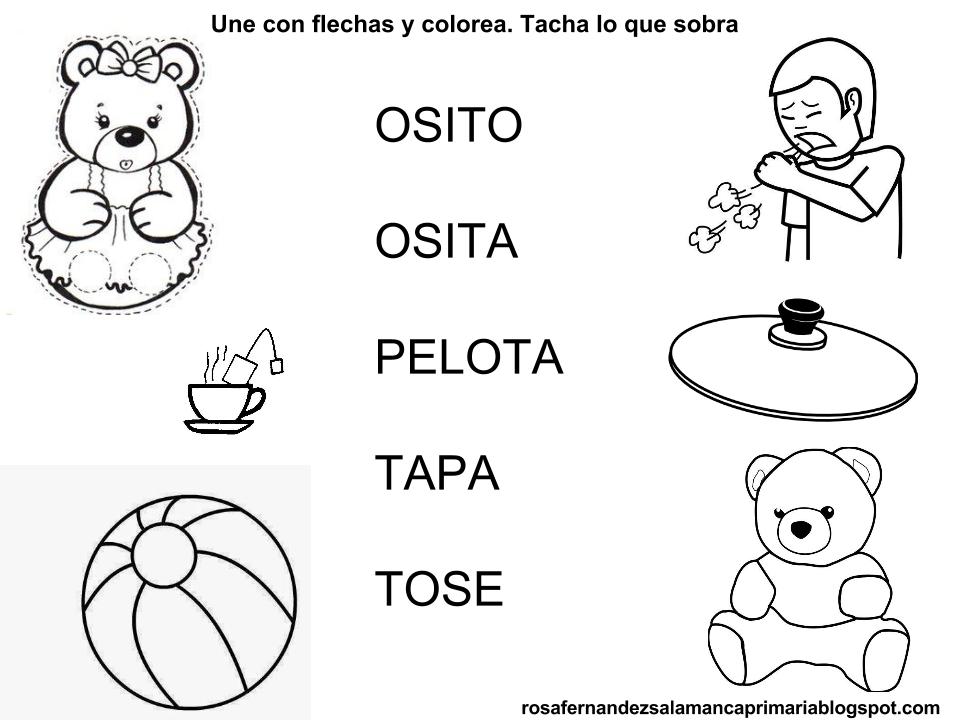 Fichas de lectoescritura fonema T, P, L, M, S y T unir y colorear