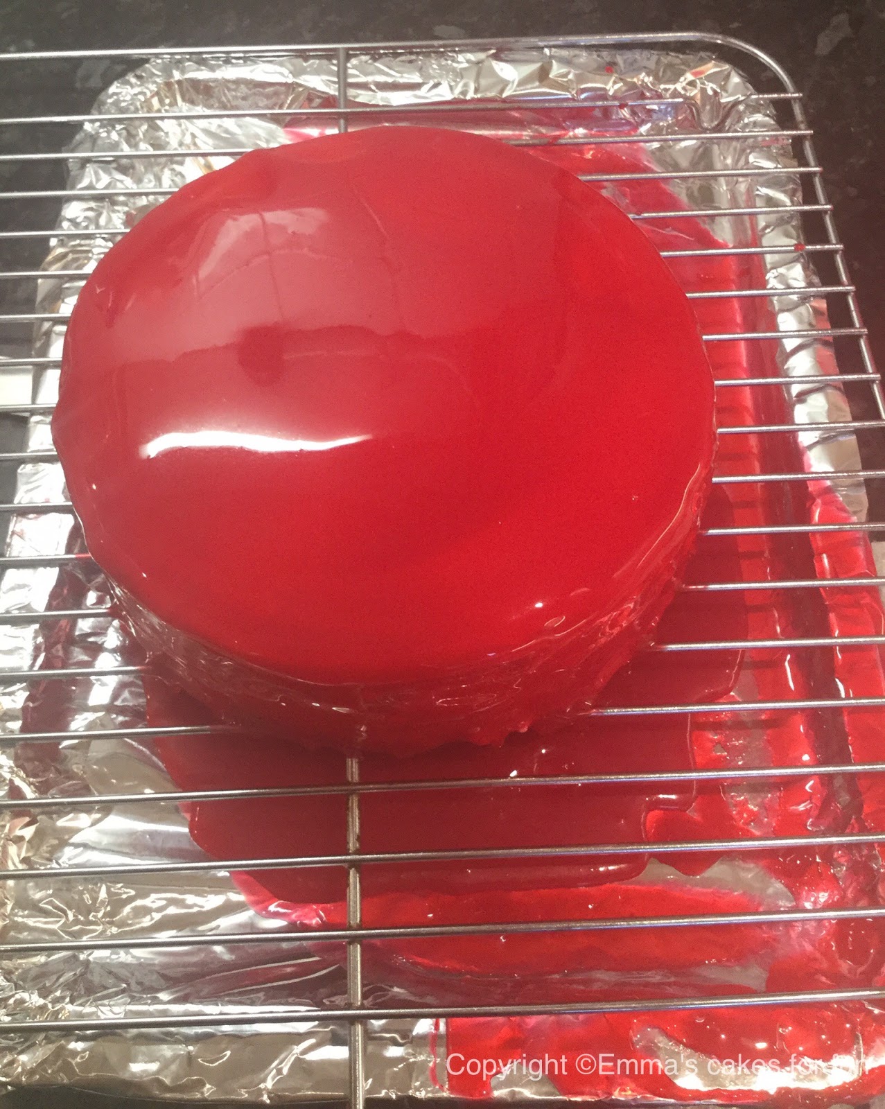 Emma's Cakes For Fun Genoise cake with a red mirror glaze
