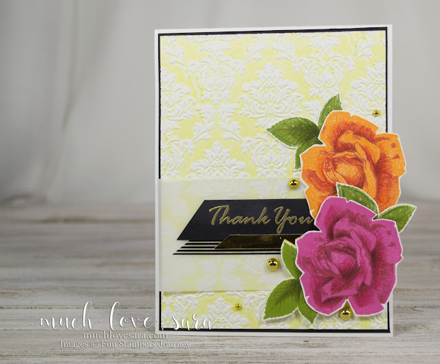 The gorgeous background technique on this card adds a beautiful textile like texture, while creating a backdrop for the handstamped and colored roses. Card was made using Fun Stampers Journey products, to shop, visit funstampersjourney.com/muchlovesara 