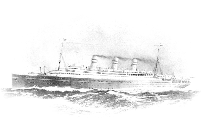 copy from a painting of the intended STATENDAM, the second in the fleet of HOLLAND AMERICA LINE - courtesy Peter Meersman, collector of the original painting Books - The Dutch "TITANIC" the second STATENDAM sunken as JUSTICIA