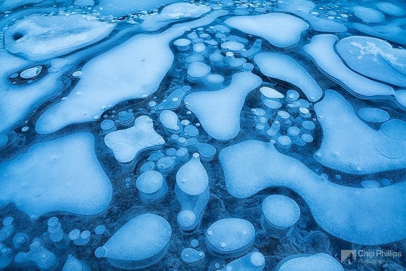Frozen Air Bubbles in Abraham Lake, Alberta Canada