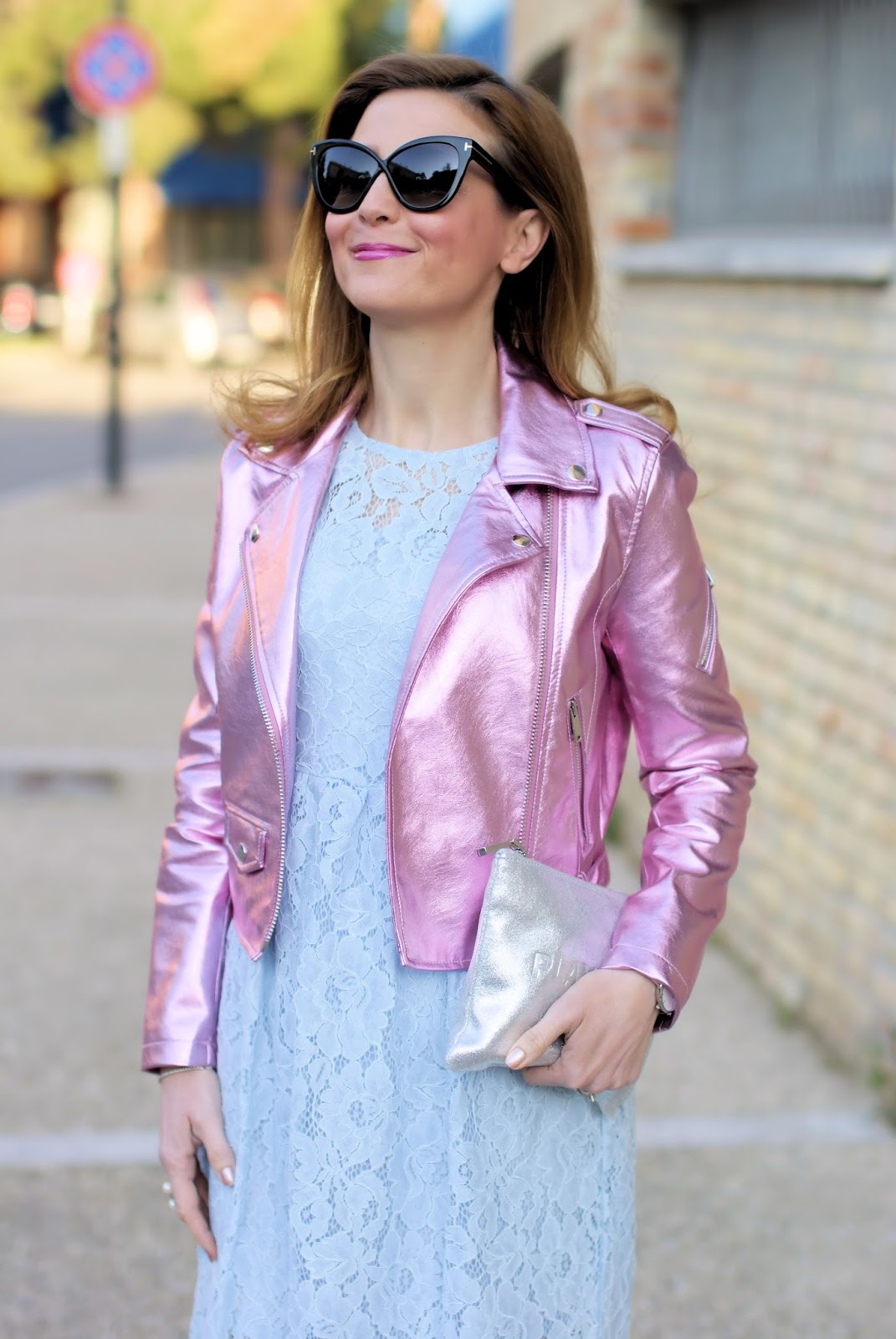 Lace dress and metallic pink motorbike jacket, SmartBuyGlasses Tom Ford sunglasses on Fashion and Cookies fashion blog, fashion blogger style