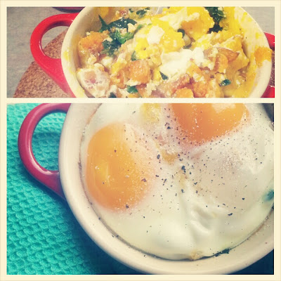 Baked eggs with sweet potato, onion, and kale for a primal paleo breakfast