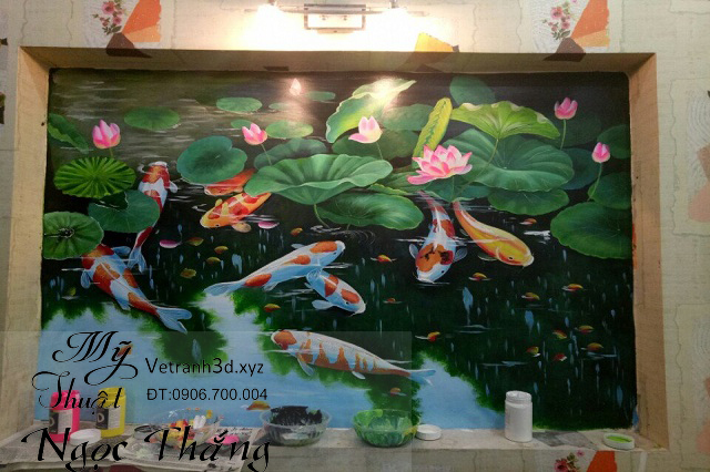 Tranh vẽ sơn dầu cá chép hoa sen phong thủy hút tài lộc Amia TSD 527