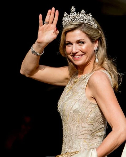 King Willem and Queen Máxima held a gala dinner for Corps Diplomatique at Royal Palace. Queen diamond tiara, Natan dress