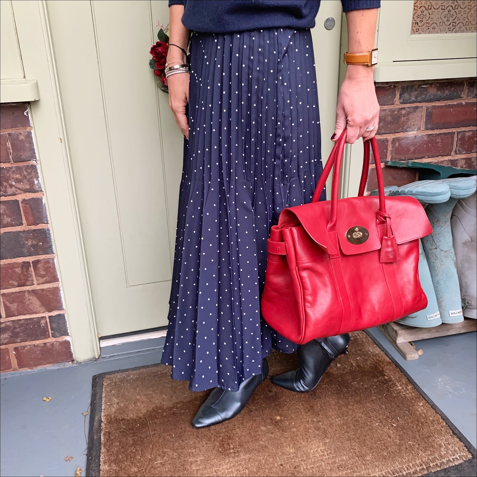 my midlife fashion, iris and ink off the shoulder cashmere jumper, marks and spencer polka dot pleated midi skirt, mulberry bayswater leather tote, zara kitten heel ankle boots