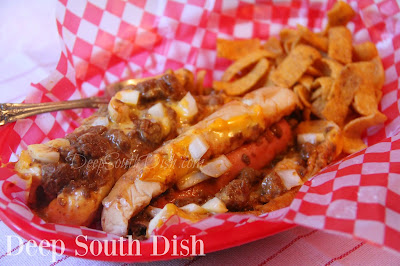 Chili cheese dogs made easy in a baked form, fork and knife required!