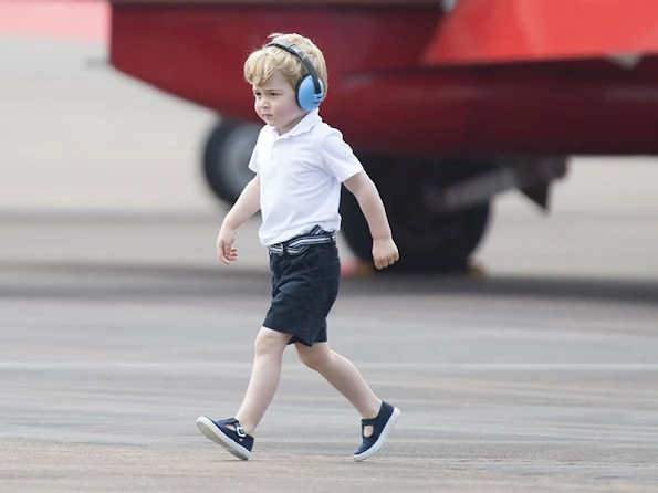 Prince George, Kate Middleton, Duchess Catherine at RAF Fairford. Prince George wore Trotter Nantucket Hampton Canvas shoes, Mayoral Boys Blue Shorts