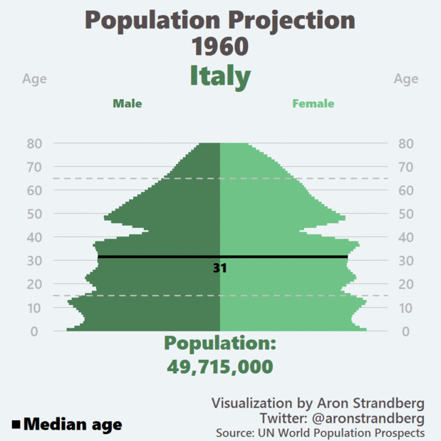 Population structure of Italy during the 1960-2060 period