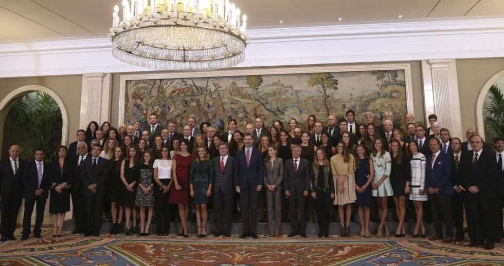 King Felipe VI of Spain and Queen Letizia of Spain meet waterpolo and swimming pool teams members that joined the European Championships at Zarzuela