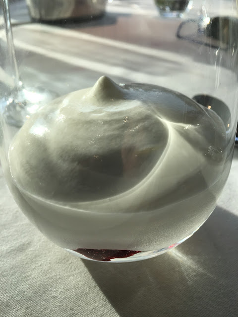 Espuma de yogur, crumble de yogurt y compota de frutos rojos. Restaurante del museo de la Universidad de Navarra.