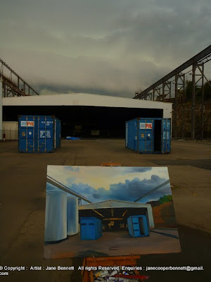 plein air oil painting of the White Bay Transit Shed, White Bay Wharf by industrial and maritime heritage artist Jane Bennett