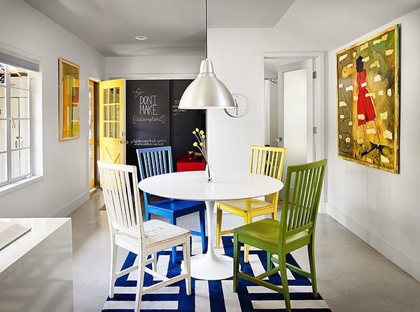 Desain Ruang Makan dengan Set Kursi Warna-Warni