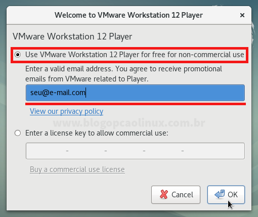 Insira o seu e-mail para poder utilizar o VMware Workstation Player gratuitamente para uso não comercial