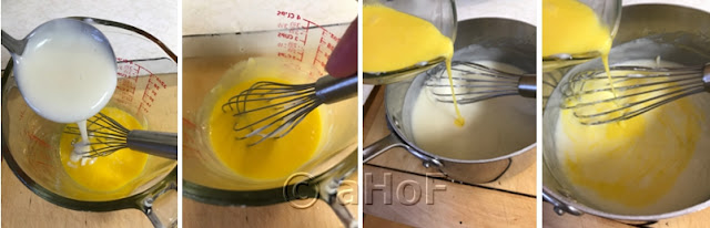tempering eggs, milk into egg, whisk, repeat