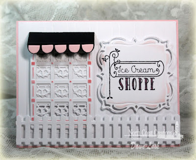 North Coast Creations Stamp sets: Ice Cream Shoppe, Our Daily Bread Designs Custom Dies: Window Shutters and Awning, Welcoming Window, Fence, Beautiful Borders, Layered Lacey Squares