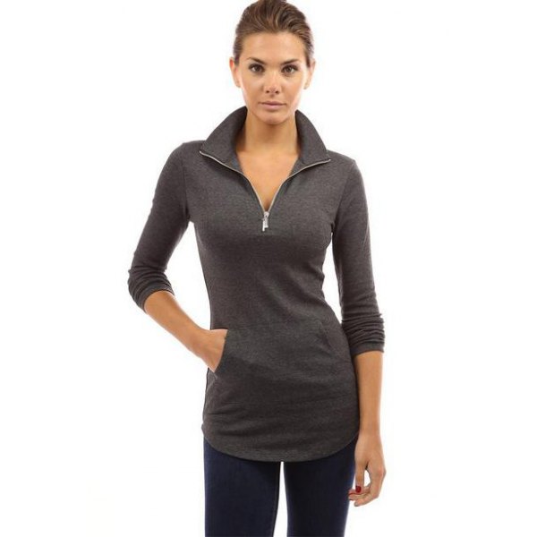 Women Zip Up High Neck Monocolor T Shirt - Black M